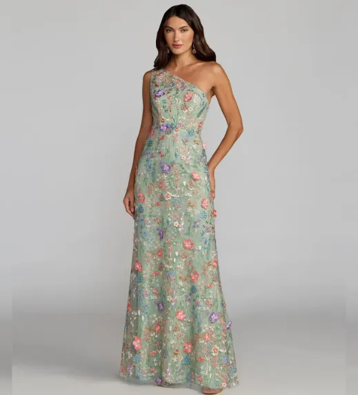 One Shoulder Floral Embroidered Gown